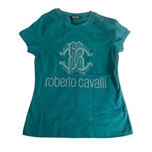 Roberto Cavalli Womens Logo Studded T-Shirt Size S Teal Blue Cotton